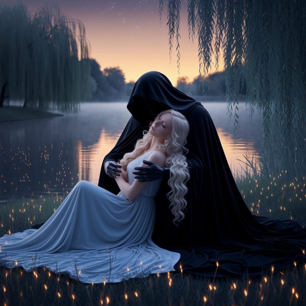 Poignant Embrace by the Lake Under Starlight