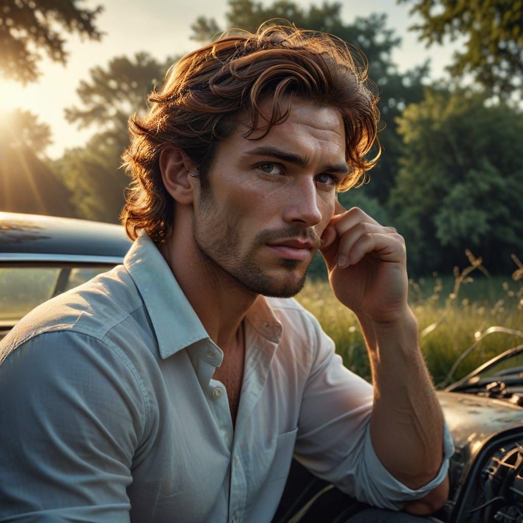 Handsome Man on Car Roof at Golden Hour