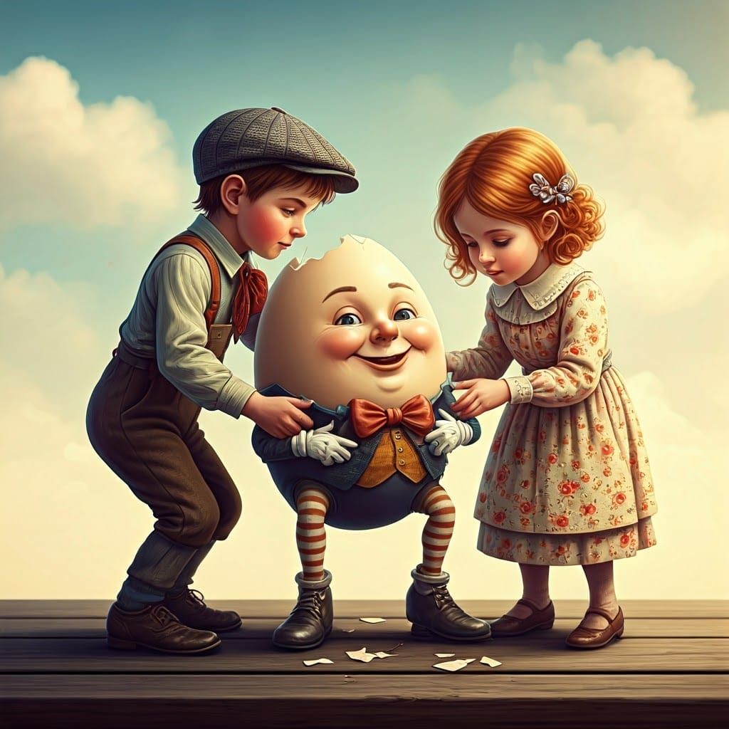 Jack and Jill Fix Humpty Dumpty: Hyperrealistic Digital Art