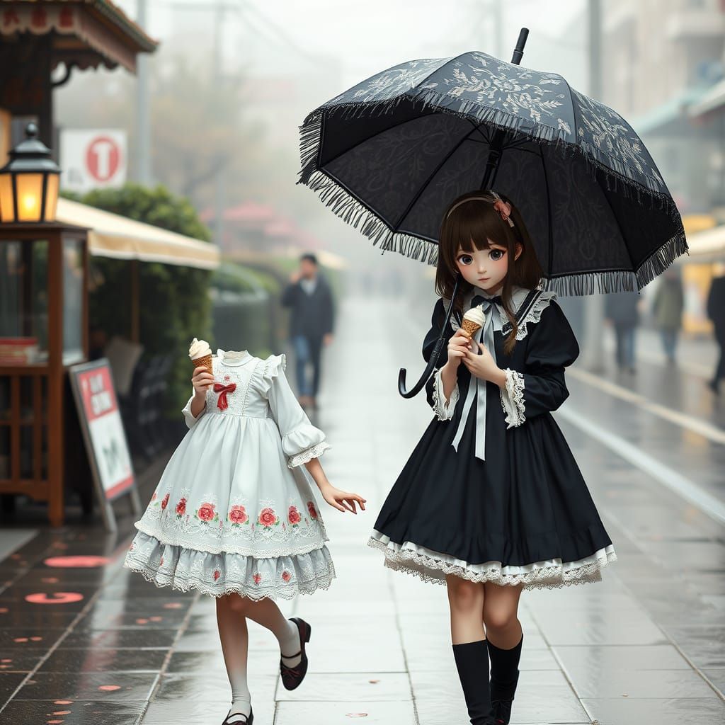 Gothic and Sweet Lolita Girls Share Umbrella
