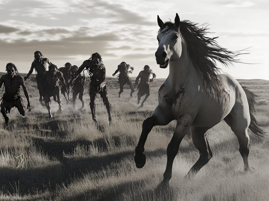 Zombie Horde Chasing Wild Horse on Plains