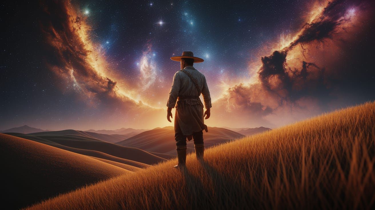 Farmer Gazes at Cosmic Sky in Fantasy Concept Art Style