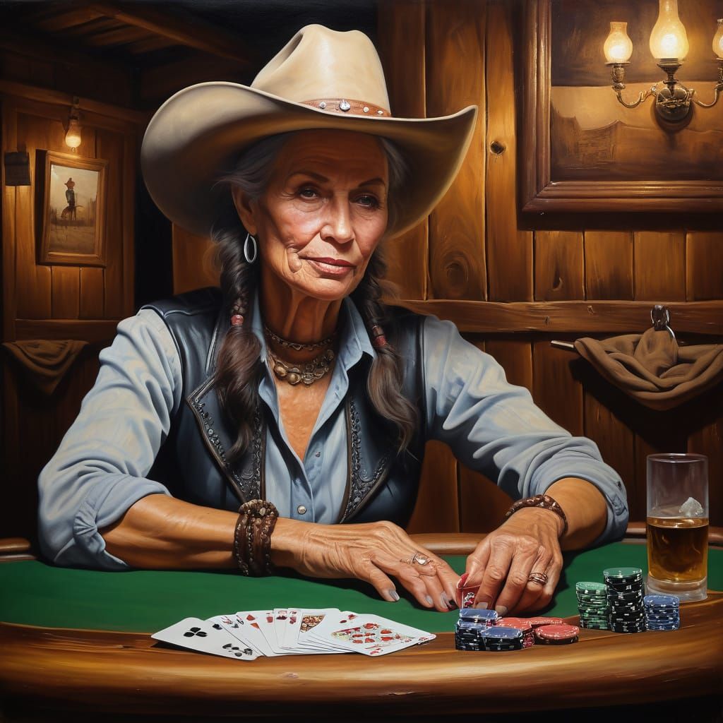 realistic oil painting. mysterious old cowgirl playing poker...