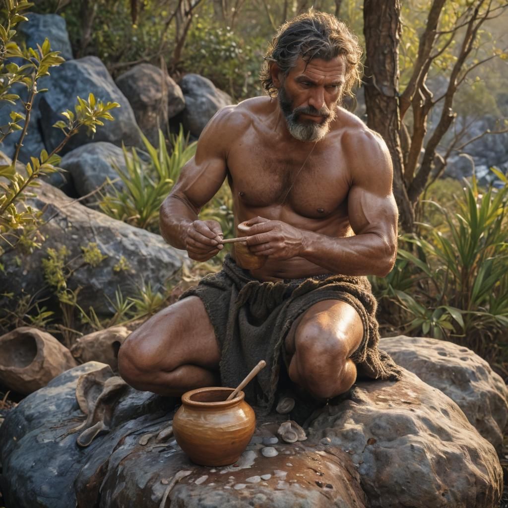 Primitive Man with Clay Pot: Photorealistic Oil Painting