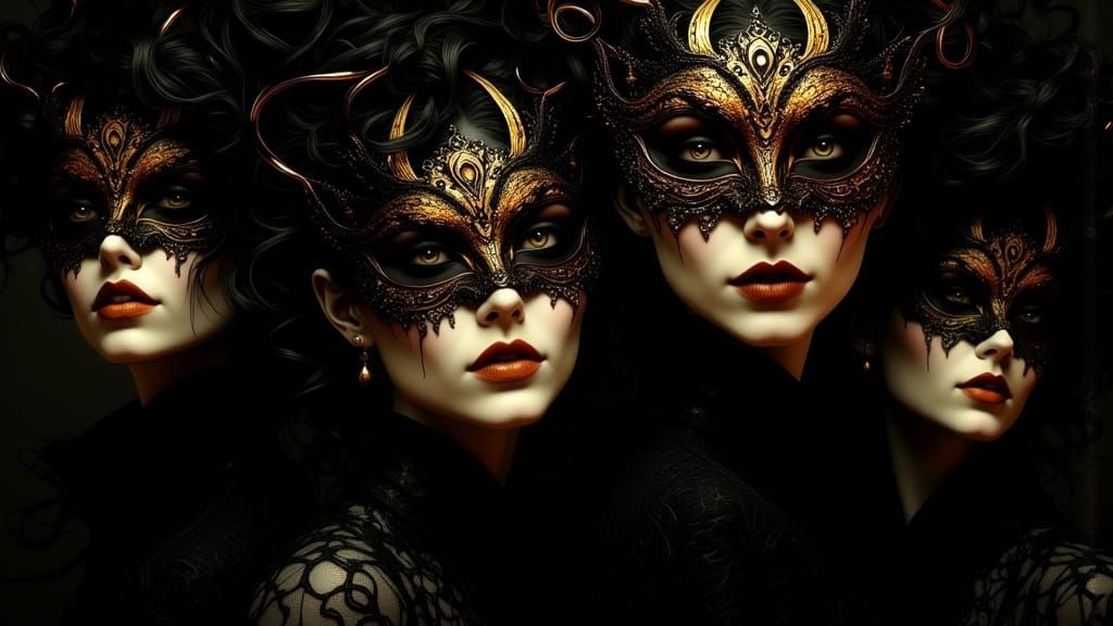 A group of mysterious woman all wearing  ornate, shadow-lace...