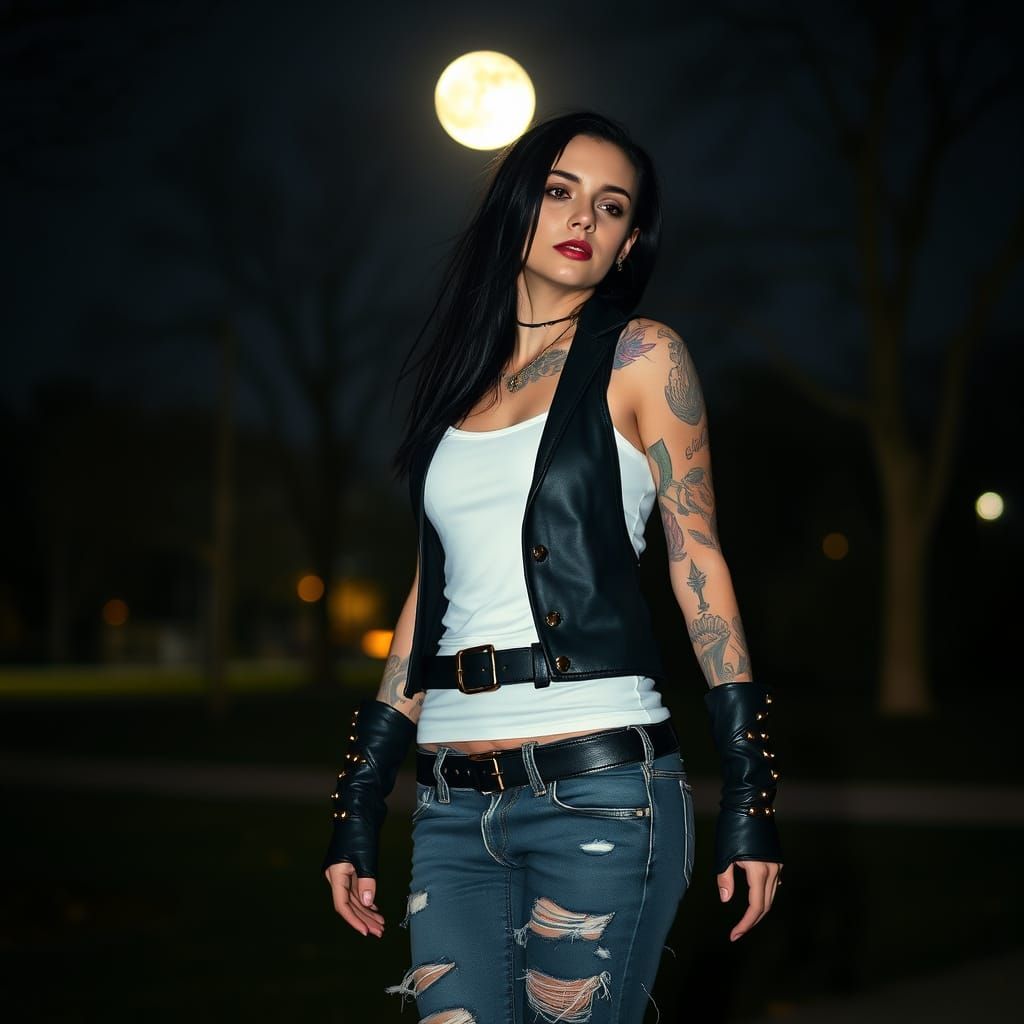 Goth Female with Tattoos Walks in Park at Night
