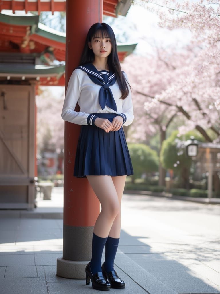 Kaori in Sailor Uniform at Shrine with Cherry Blossoms