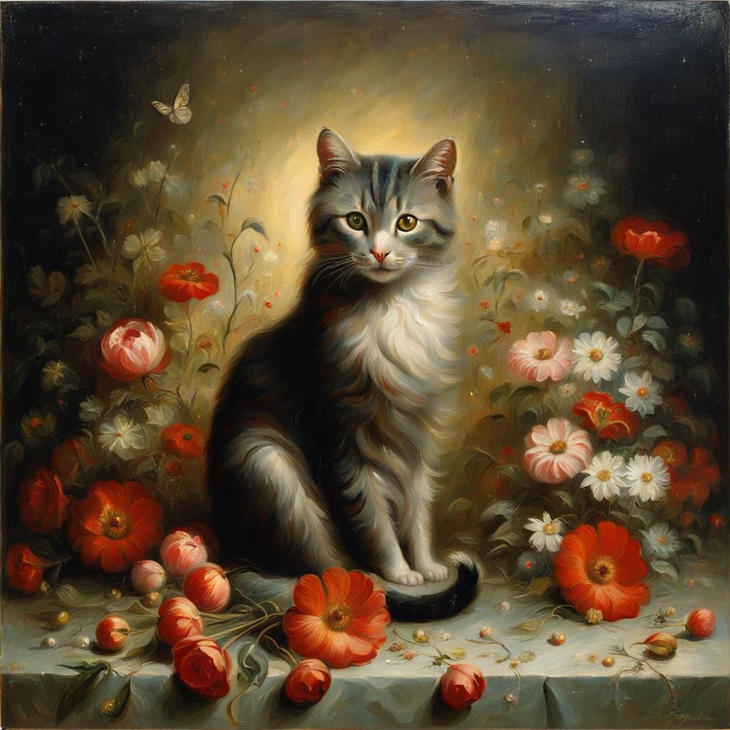 Cat with Flowers Painting in Renaissance Style