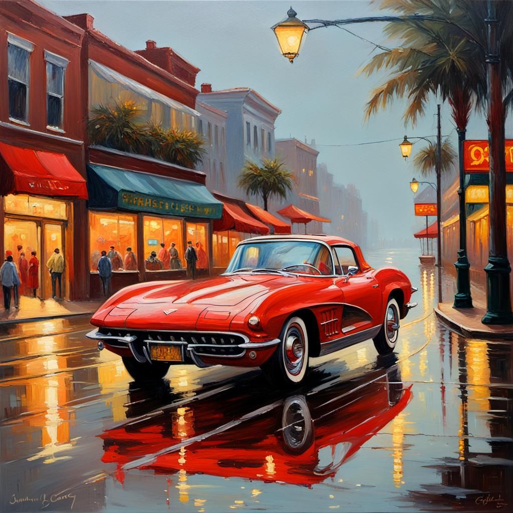 Red Corvette on Coastal Road, Impressionist Oil Painting