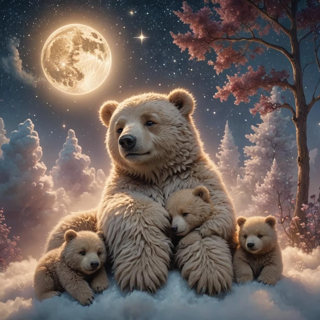 Chibi Fluffy Bears Asleep on Bioluminescent Moon