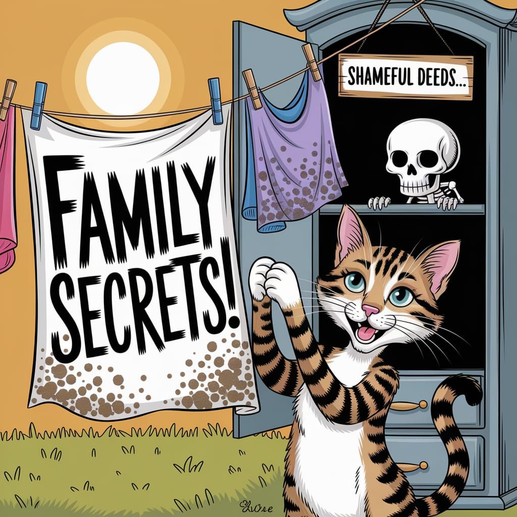 Whimsical Cat Unearths Family Secrets in Caricature Style