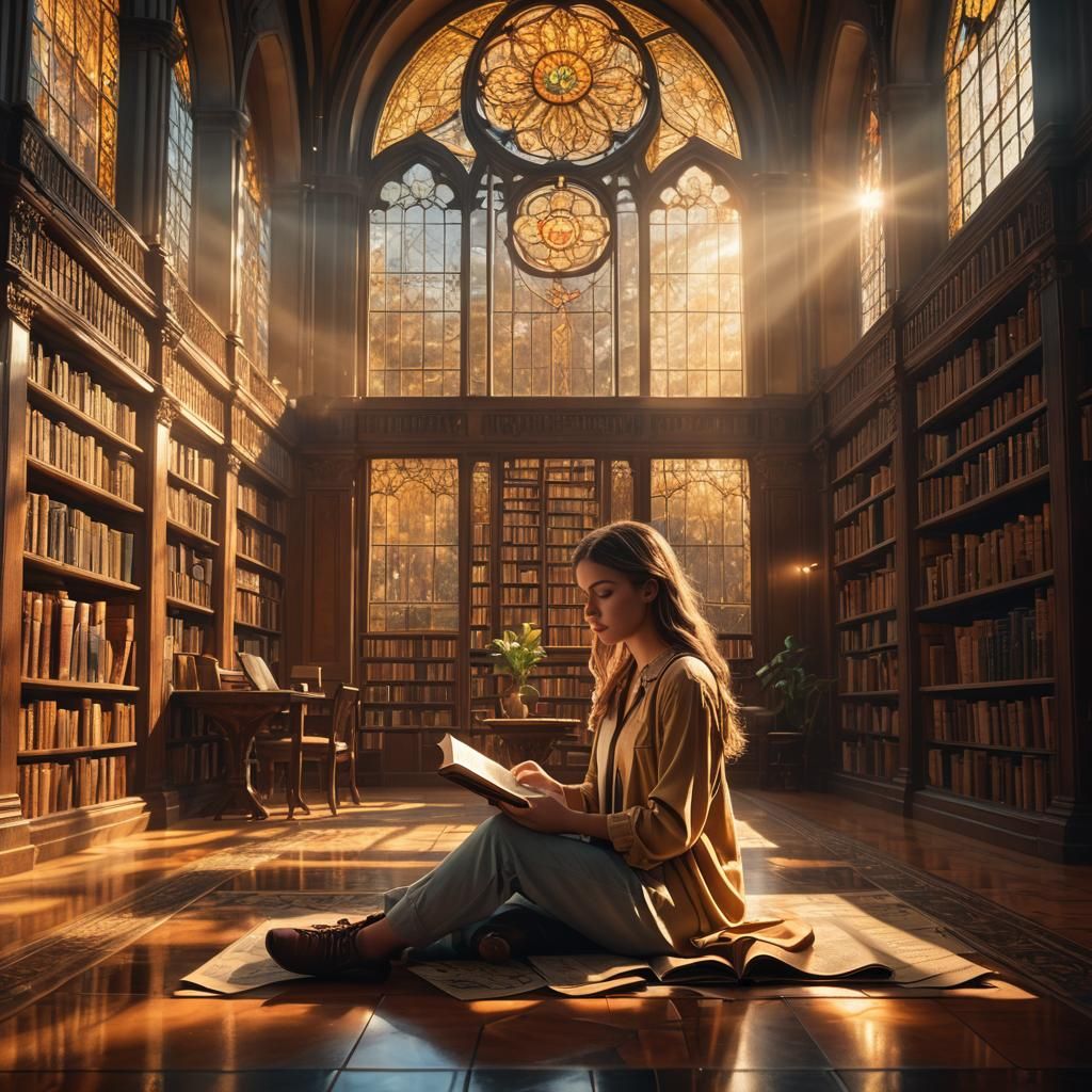 Library Scene with Student in Ambient Lighting