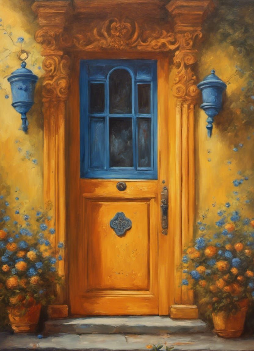 Orange Door Rococo Oil Painting on Yellow Wall
