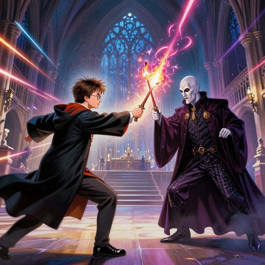 Harry Potter and Voldemort Duel in Hogwarts Great Hall