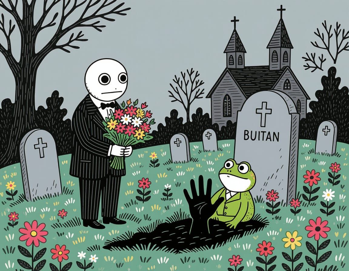 Terrified Frog's Grave Encounter: A Gothic Whimsical Illustr...