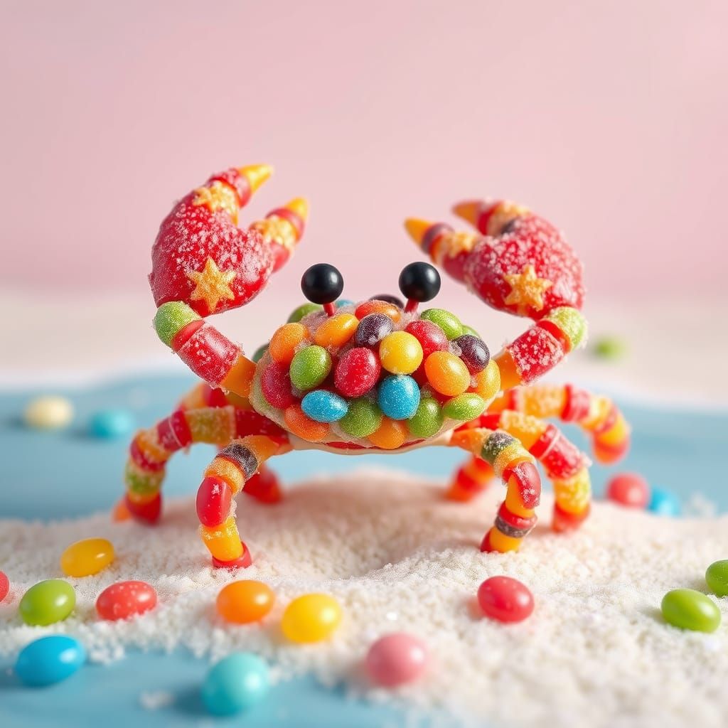 Skittles Crab on Pastel Beach in Whimsical Style