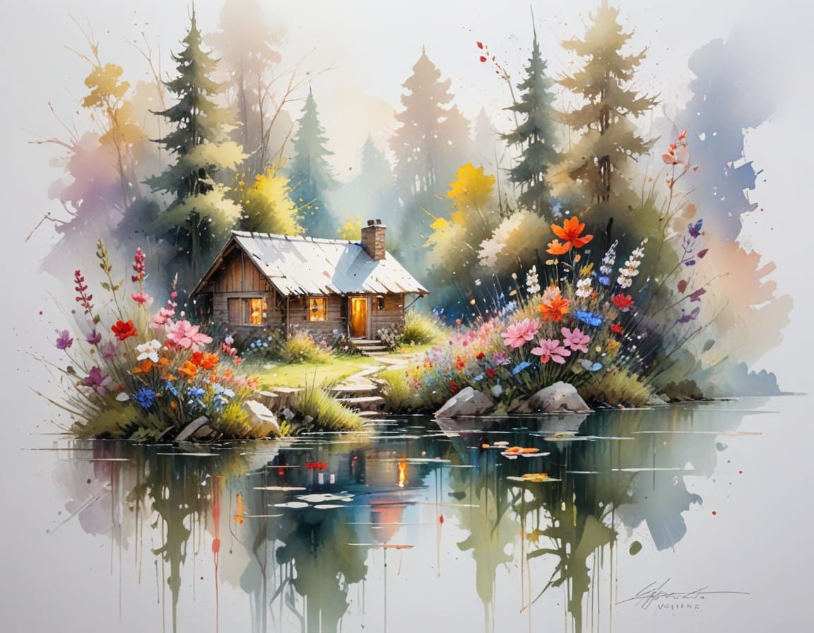 Adorable Cabin on Sunlit Lake Surrounded by Wildflowers