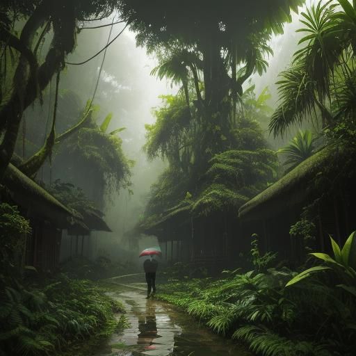Lush Indonesian Jungle Path in Oil Painting Style