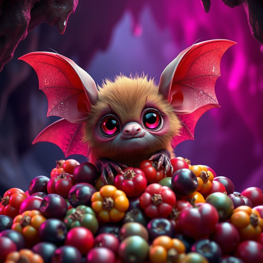 Hyper-Fluffy Fruit Bat in a Vibrant Berry Hoard