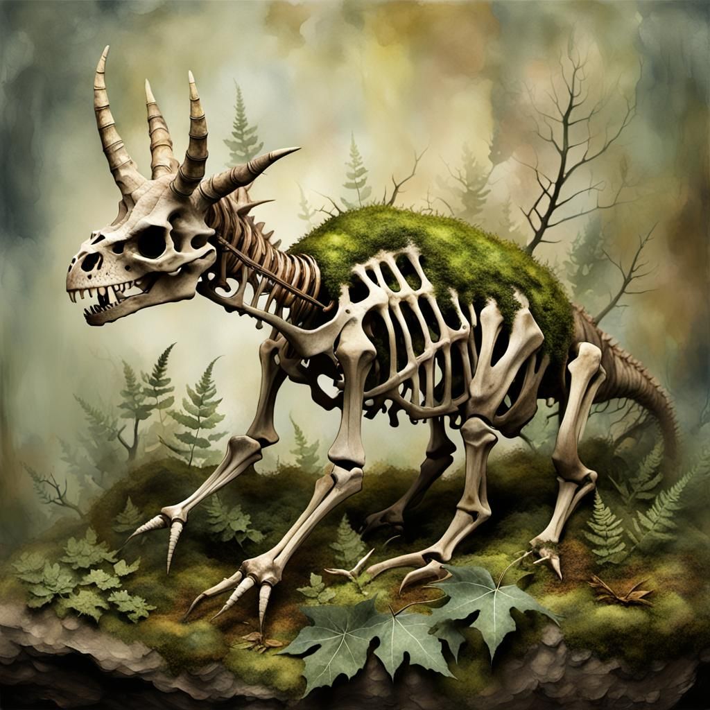 Styracosaurus Skeleton in Watercolor and Digital Style