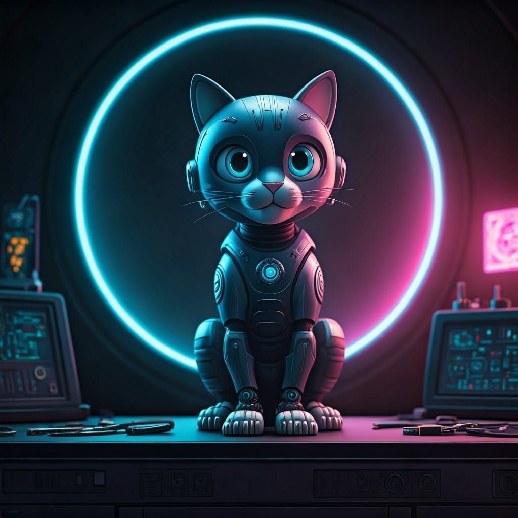 Futuristic Robotic Cat in Cyberpunk Laboratory, Digital Art