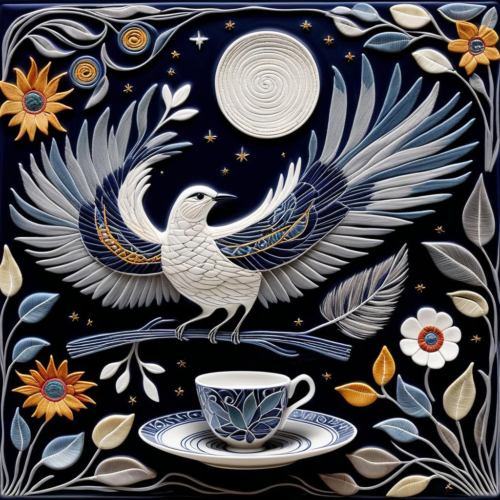 Embroidered Bird with Flowers and Starry Night