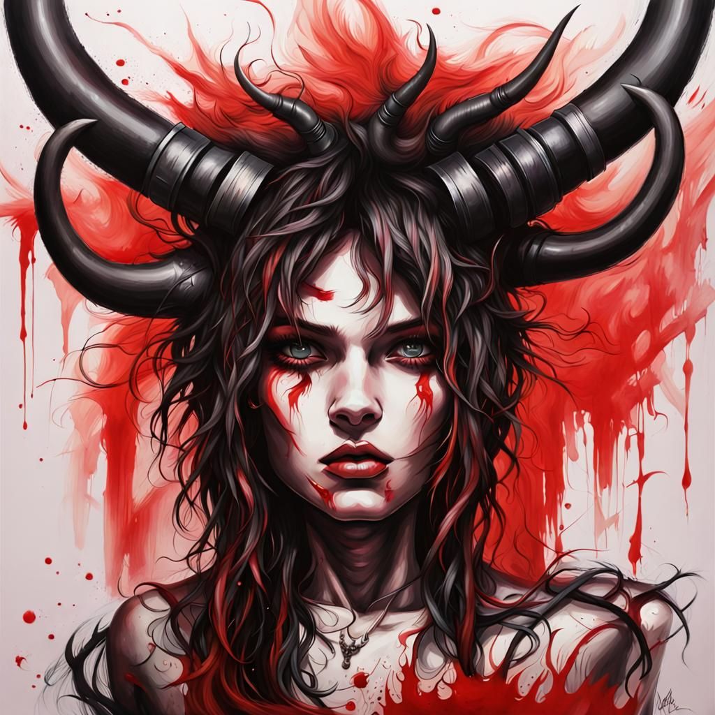 Messy Airbrush Painting of Horned Female in Heavy Metal Styl...