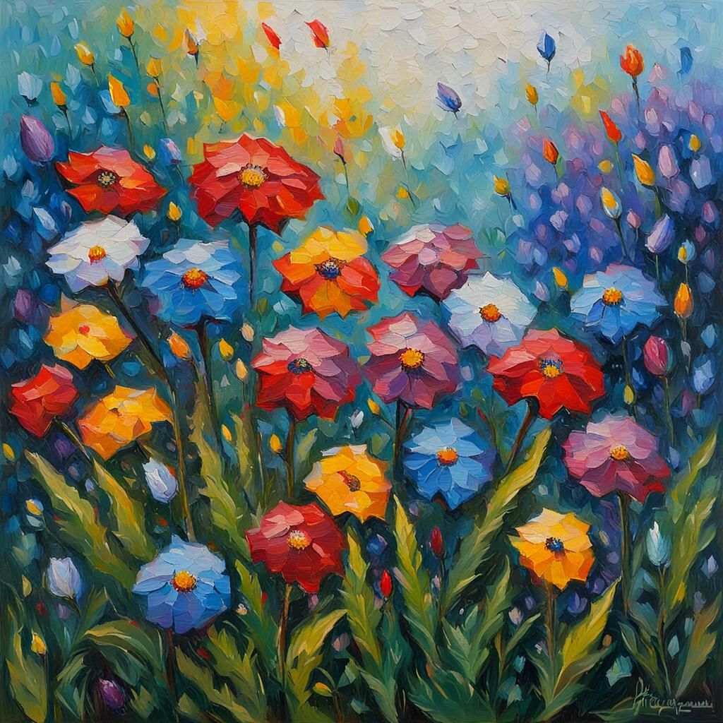 Wildflowers in Rain: Neo-Impressionistic Oil Painting