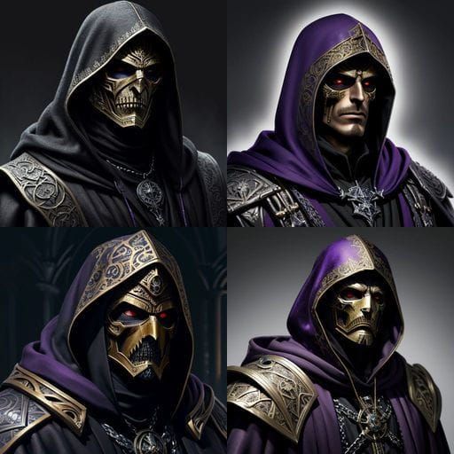 Hooded Figure with Metal Mask in Digital Illustration