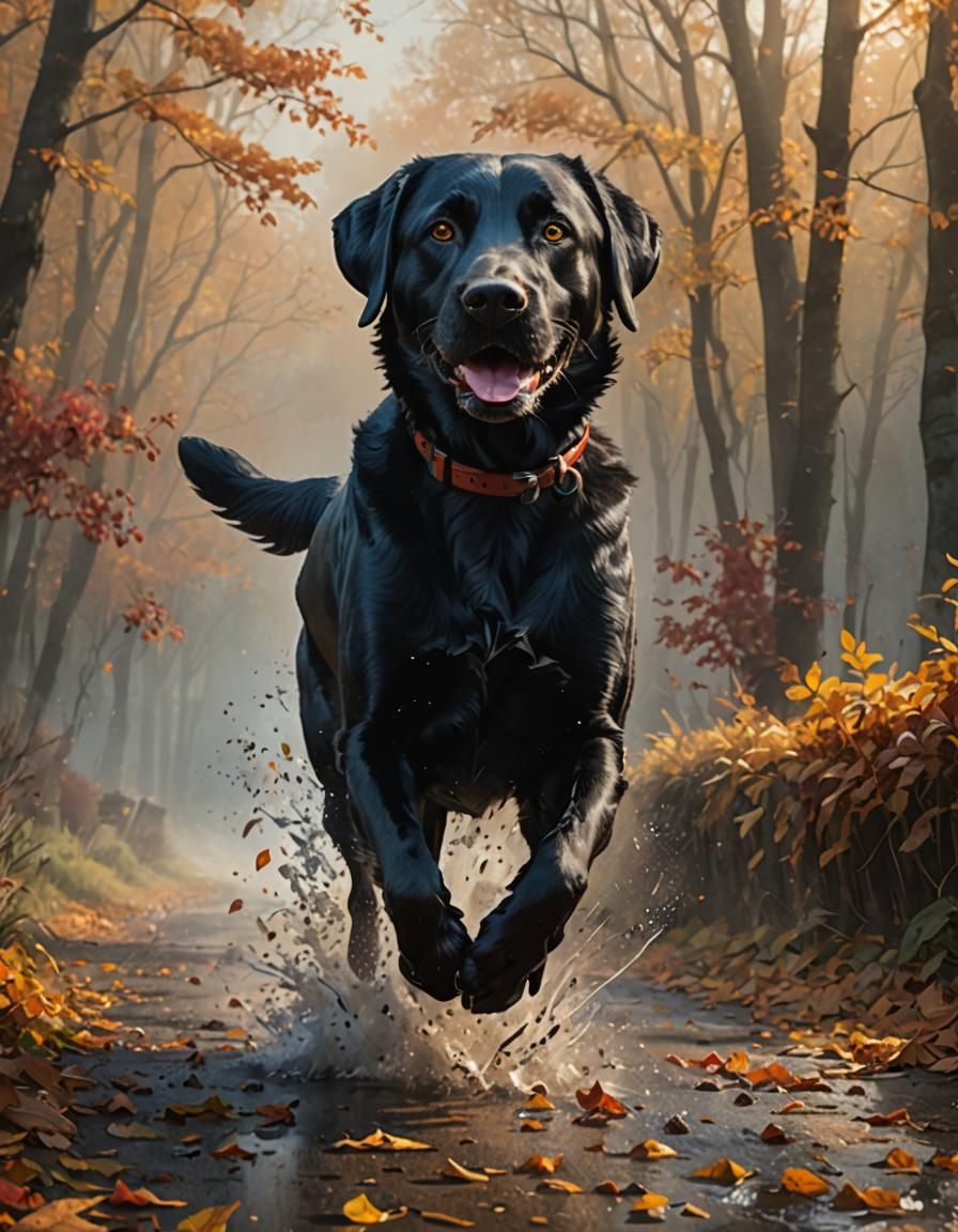 Black Lab Runs Through Misty Autumn Morning