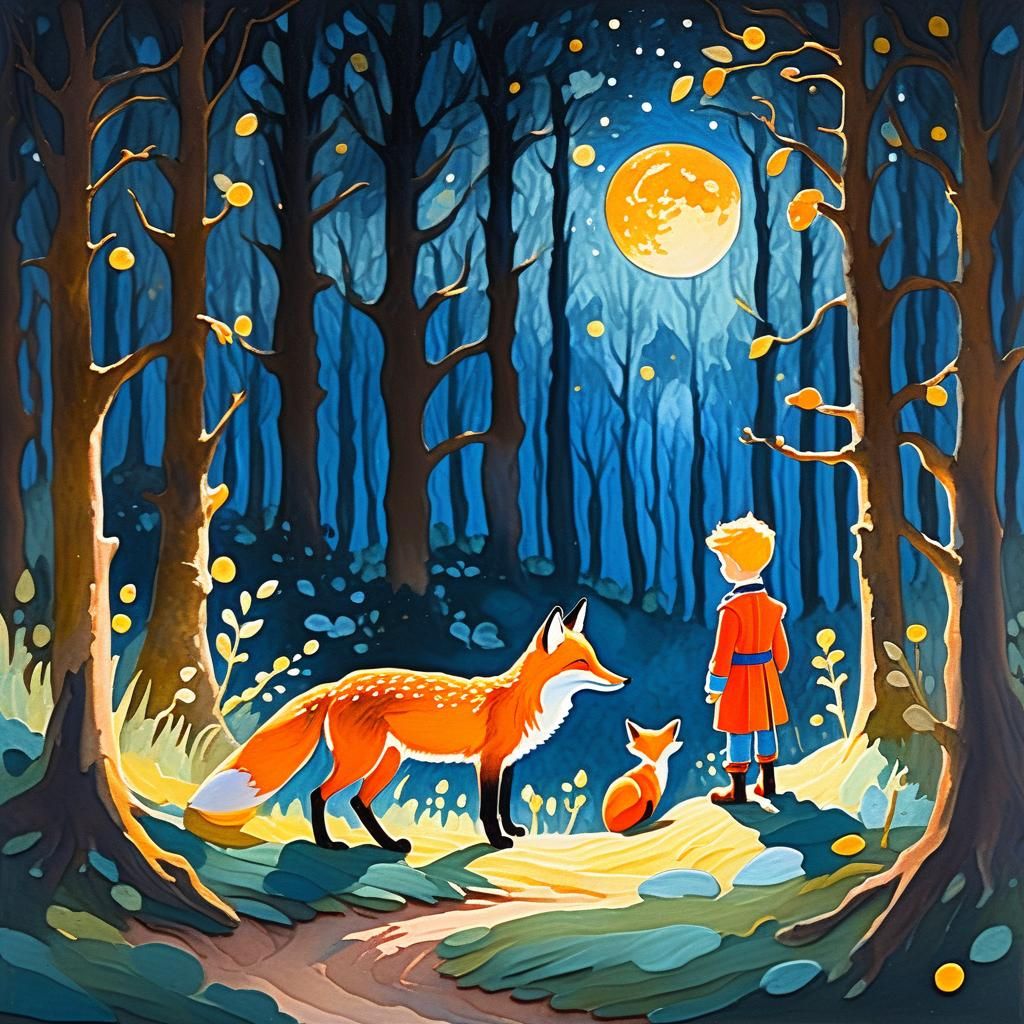 Little Prince and Fox in Impressionist Gouache Style