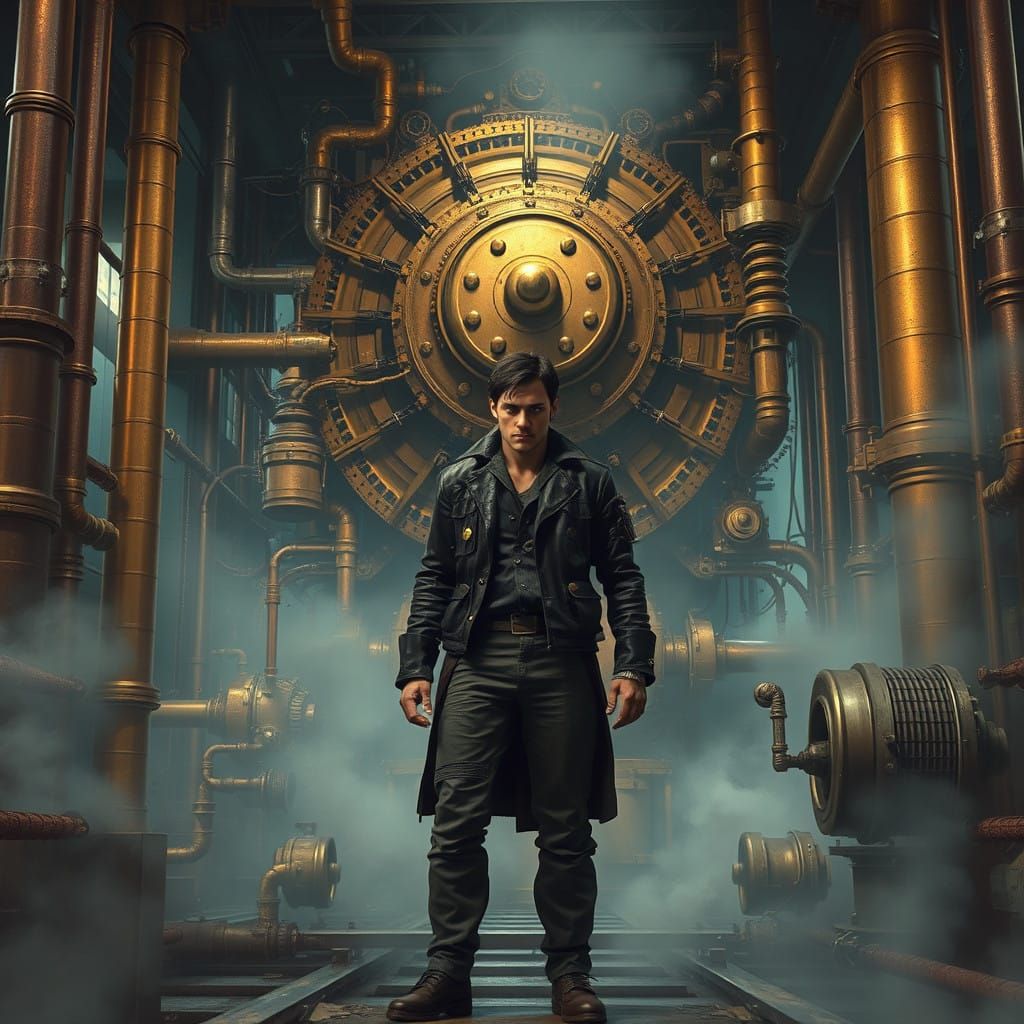 Desperate Figure Amidst Industrial Decay in Steampunk Style