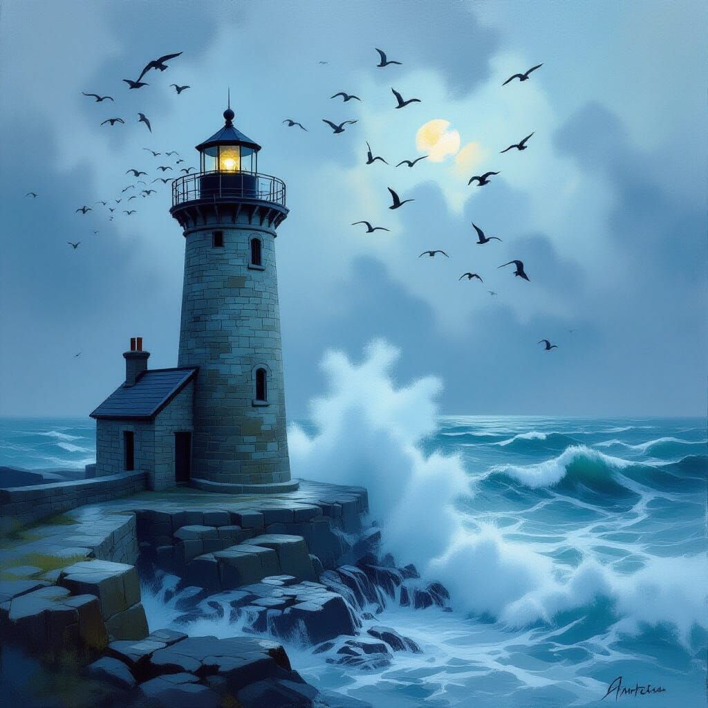 Lighthouse Against Atlantic Waves in Vintage Maritime Style