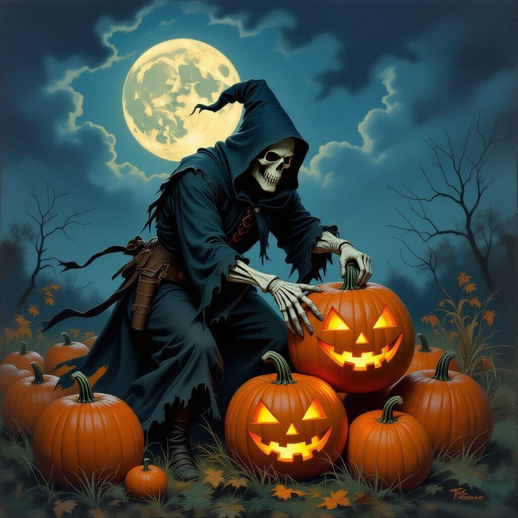 Headless Horseman Harvests Pumpkins in Gothic Oil Painting