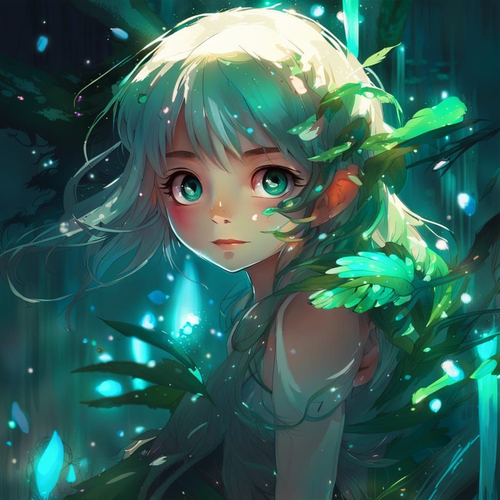 Anime Girl and Quetzal in Bioluminescent Garden