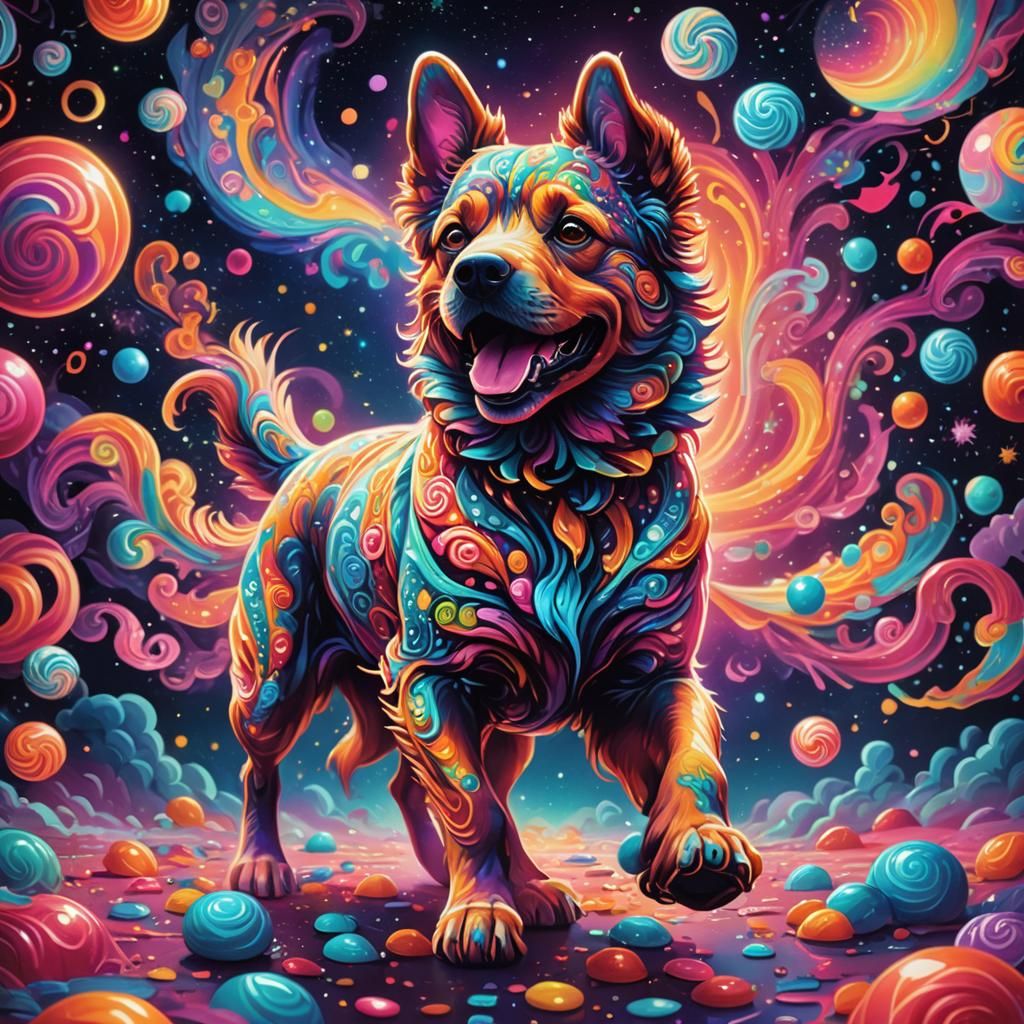 Candy Dog Runs Through Psychedelic Cosmic Scenery