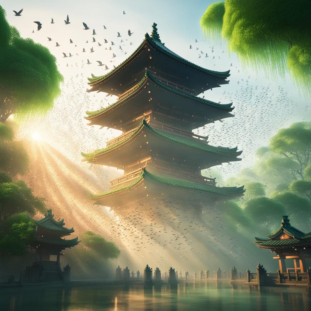 Shinto Shrine Sunrise with Birds in Hyperrealistic Style