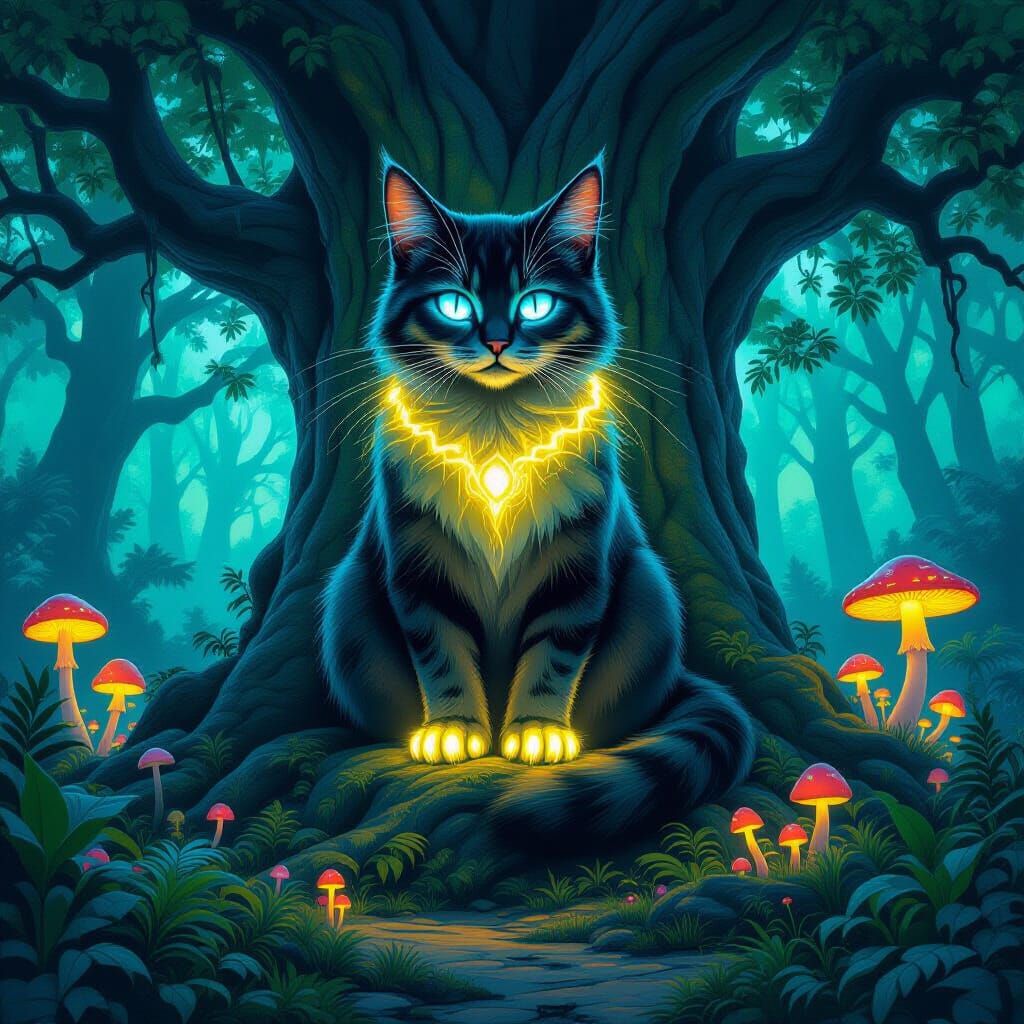 Colossal Cat in Alien Forest, Dark Fantasy Style