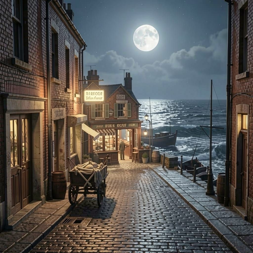 1950s Night Street Scene with Pub and Harbour