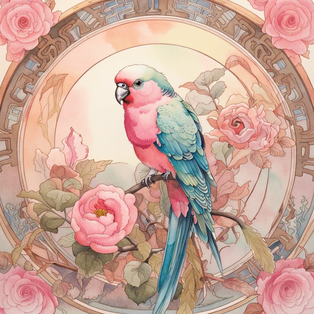 Pink Parakeet in Japanese Temple, Alphonse Mucha Style
