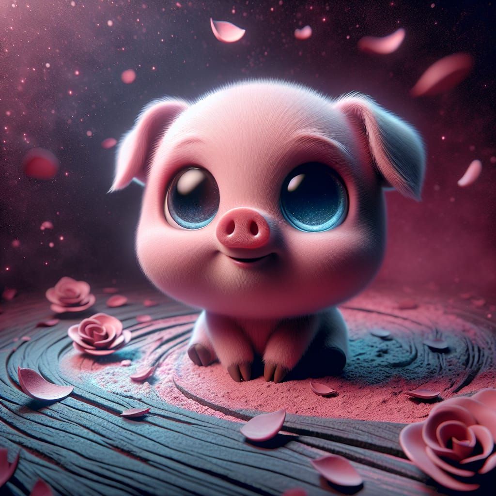 Endearing Piglet Under Rose Petal Night Sky