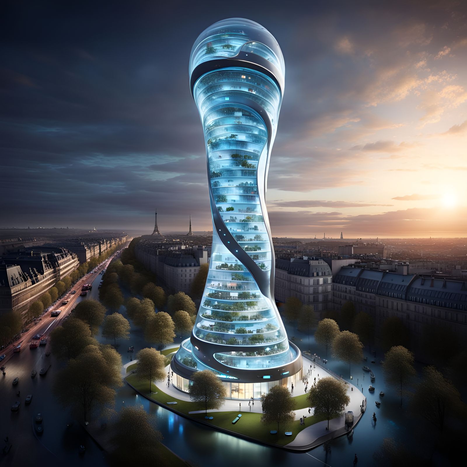 Bioluminescent Sci-Fi Tower Dominates Paris Cityscape