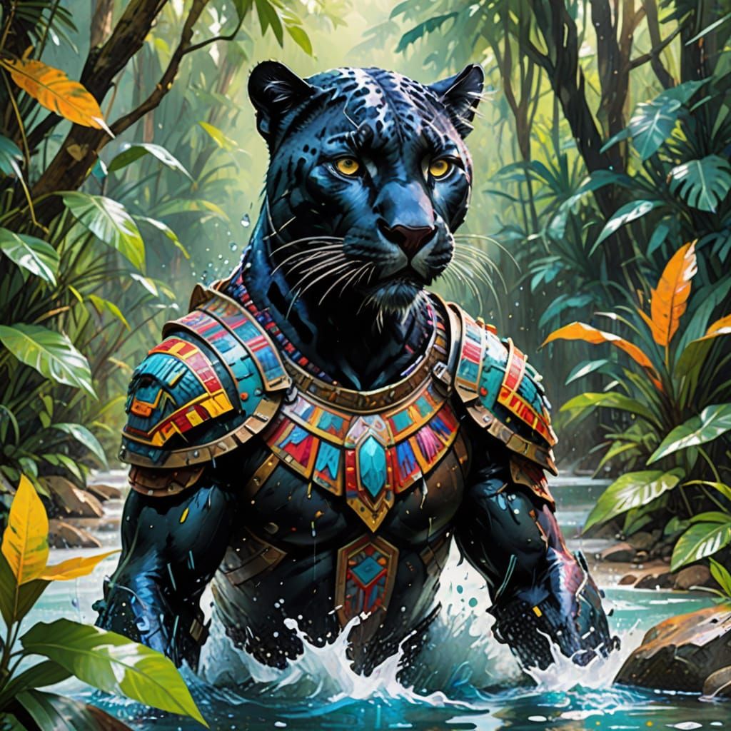 Playful Panther in Aztec Armor, Watercolor Splash Art