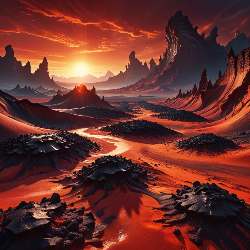 Surreal Alien Landscape with Crimson Light, Sci-Fi Art