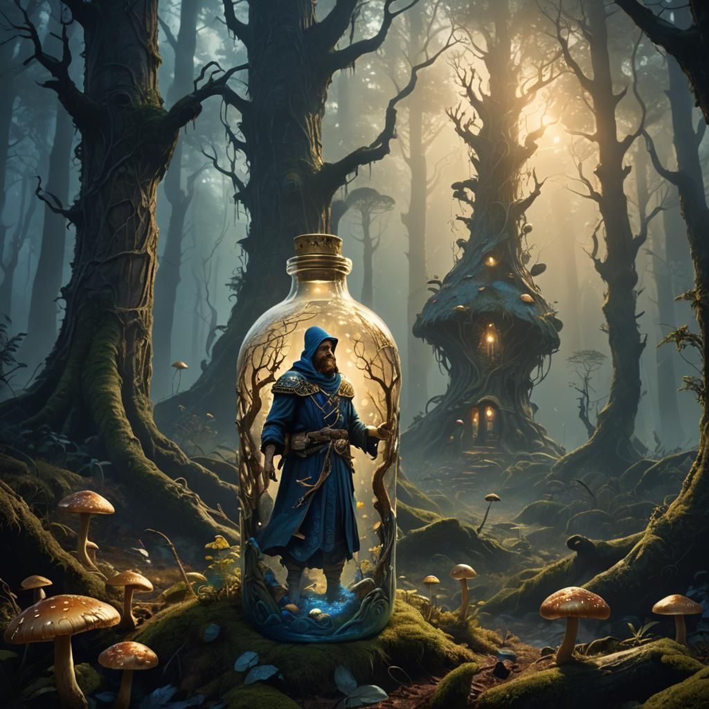 Giant Emerges from Mystical Bottle: Fantasy Art