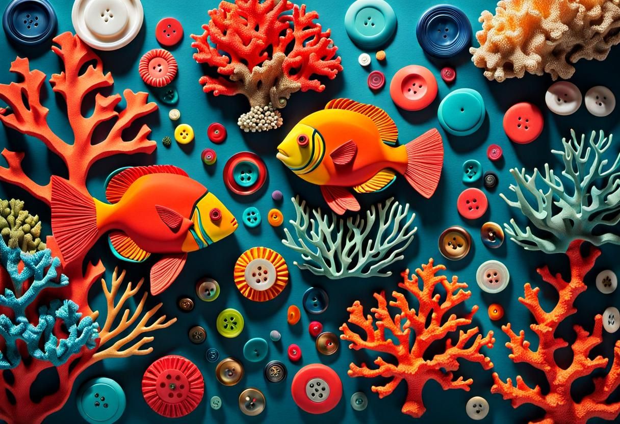 Cubist Underwater Coral Scene with Buttons