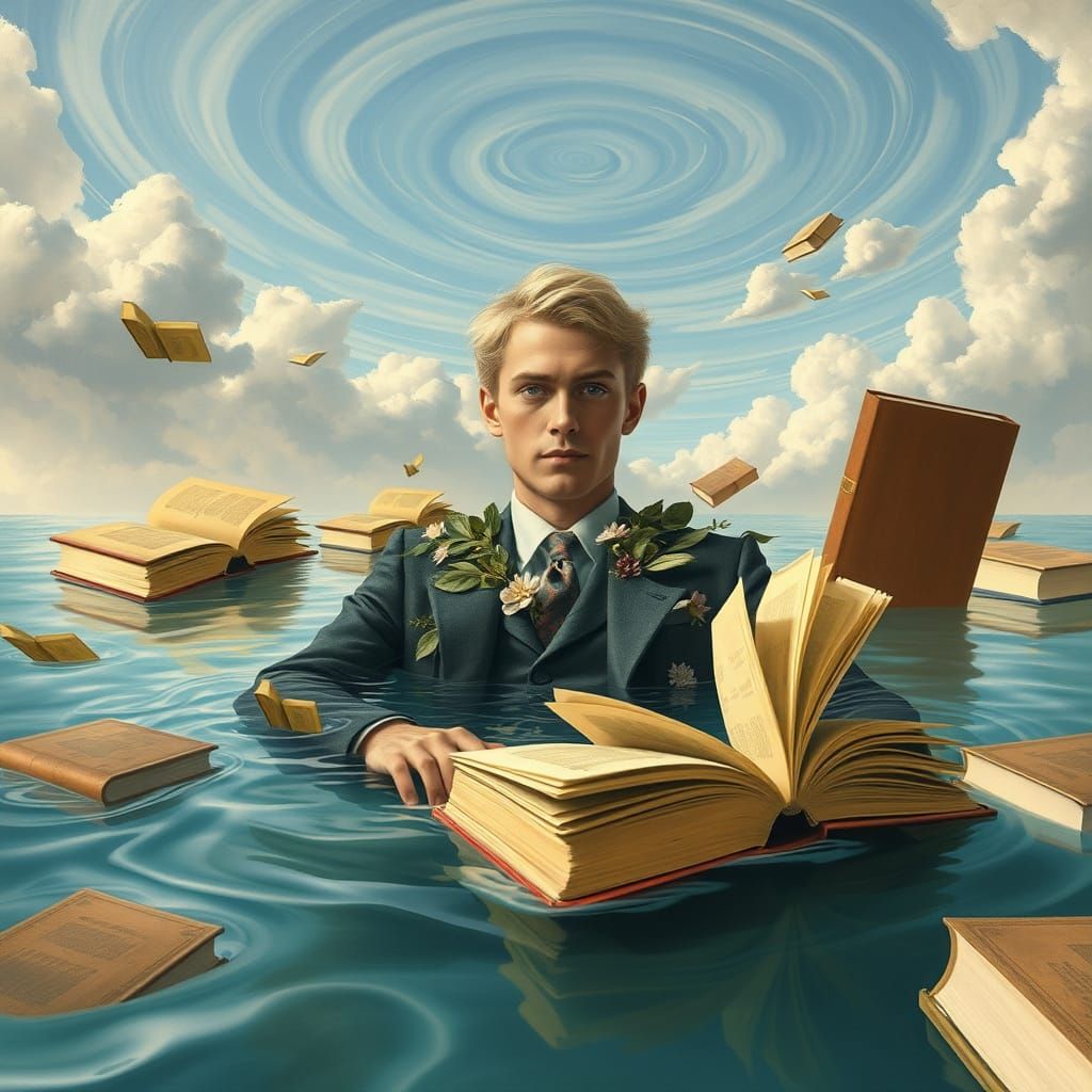 Surreal Gentleman Floats Among Floating Books in a Dreamlike...