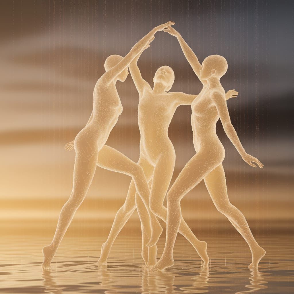 Ethereal Liquid Human Forms Dance in Rainy Atmosphere