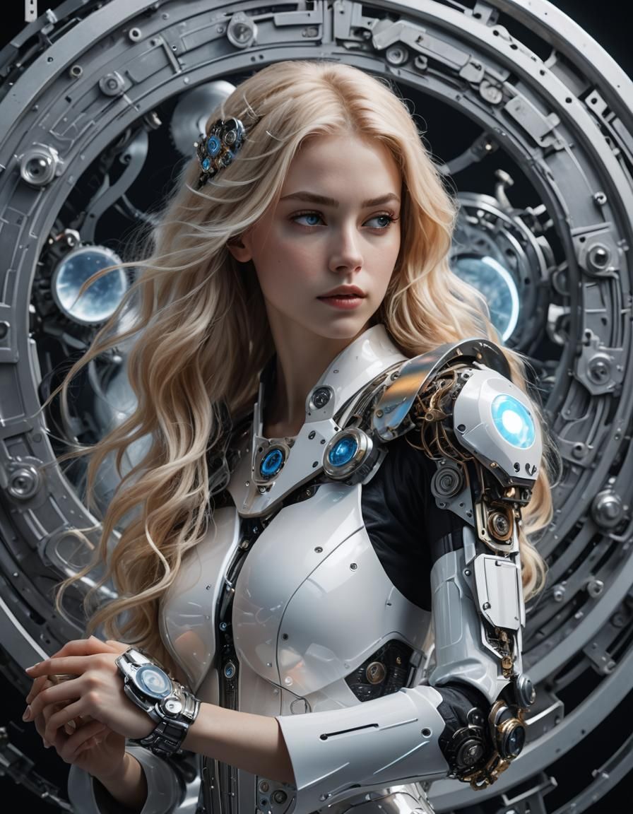 Holographic Woman with Clockwork Arm in Astral Style