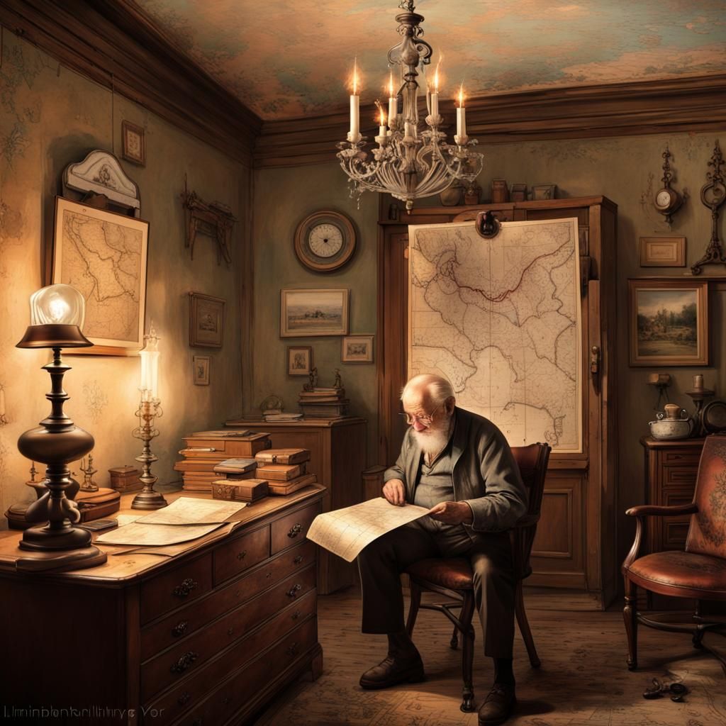 Elderly Man with Antique Map in Old House